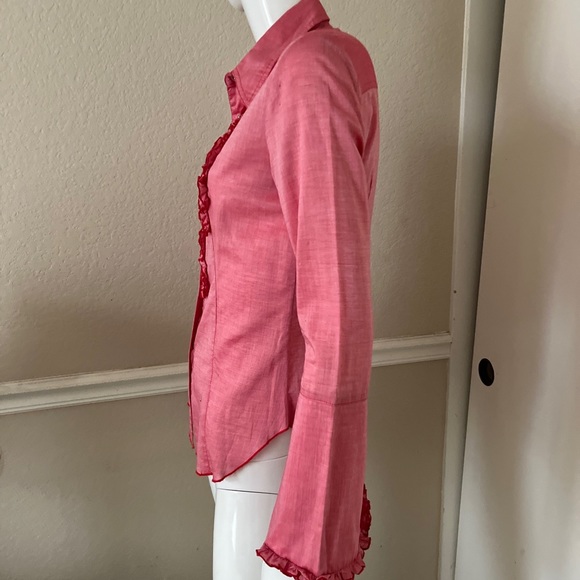 ANNA HULING VINTAGE! NEW! Pink Cotton Ruffled Bodice/Sleeves Snap-Front Shirt S - Picture 5 of 7